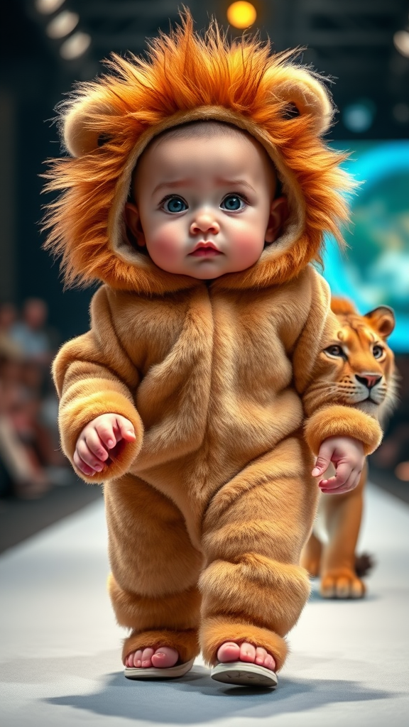 A cute small chubby fair baby with big eyes, pink lips, and pink cheeks, wearing a furry cozy lion costume, is doing a ramp walk in a fashion show, walking with a real lion and holding a lion with one hand, cinematic.