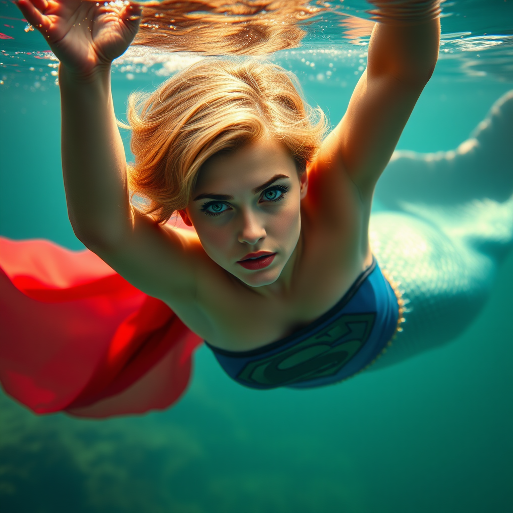 Supergirl as a mermaid. She's floating underwater with arms up. She's looking intensely at the viewer of the photo. The eye contact is palpable and mystical. Her short hair floats like a beautiful nimbus around her head and her shiny scaled tail is curled beside her. Gossamer Diaphanous. HD DSLR Photo