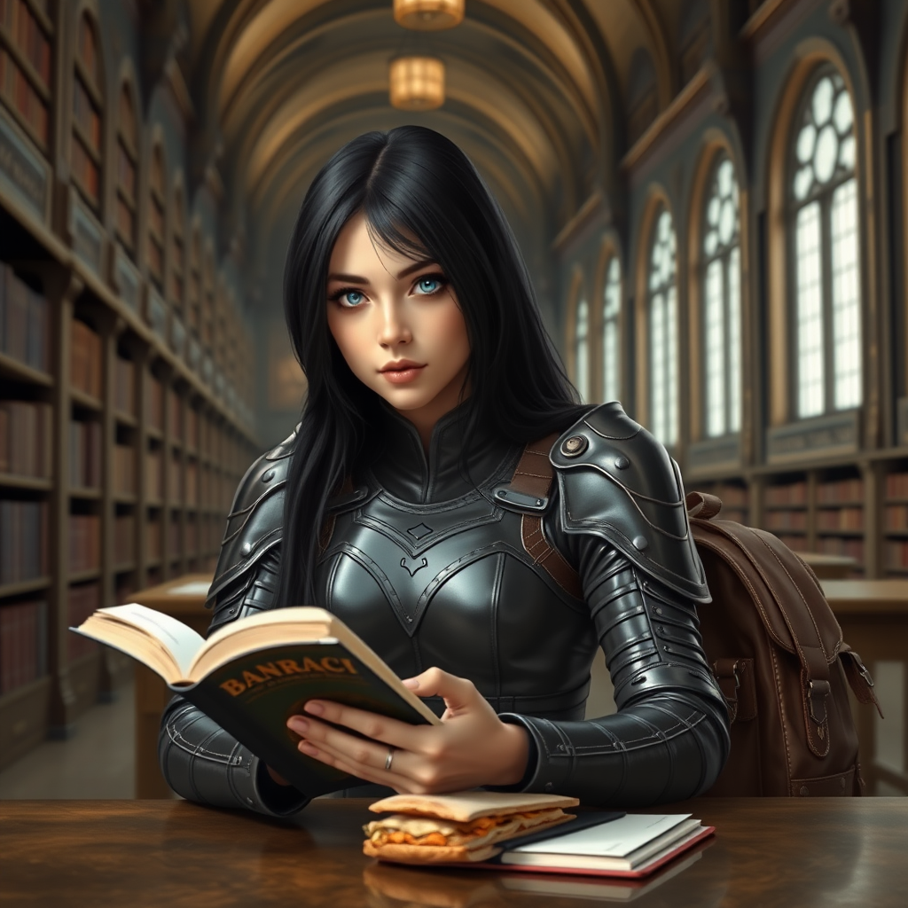 beautiful young woman, dark hair past her shoulders, blue eyes, small, slim figure, wearing full leather armor suit, sitting at table, reading book, a sandwich and backpack, in a grand old library.