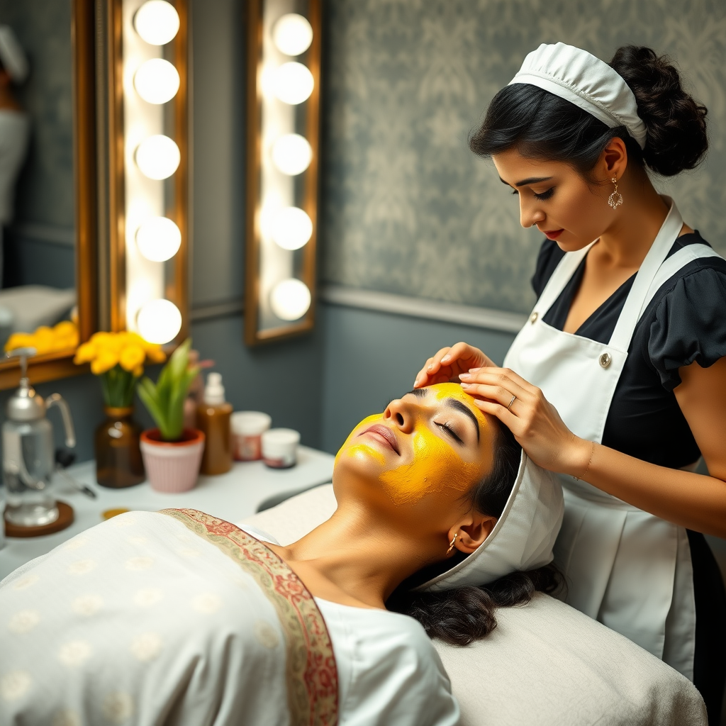 female french maid working in beauty parlour, giving turmeric facial to indian wife