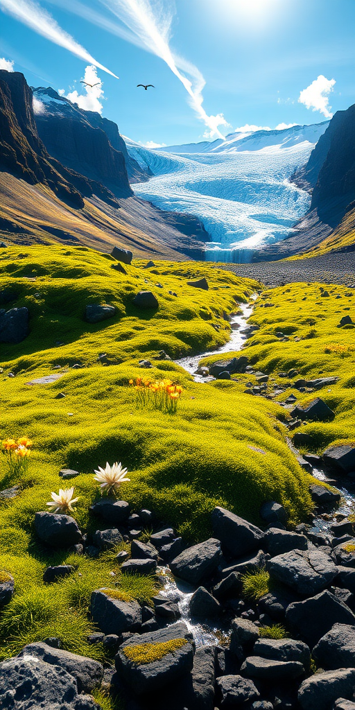 ultra-realistic, highly detailed iPhone background of an Icelandic landscape with a glacier, rich in intricate textures and elements. In the foreground, capture moss-covered green hills dotted with dark, weathered volcanic rocks, intricately textured with tiny cracks and lichen. Scatter small clusters of vibrant yellow and white wildflowers amidst the grass, and include tiny rivulets flowing over pebbles, their surfaces sparkling in the morning light. Add fine blades of grass swaying in the wind, some coated with dew droplets that catch the light, reflecting the golden hues of the low sun.

Moving toward the middle ground, showcase jagged cliffs and steep valleys etched by ancient glacial movement. Every rock face should be rugged, with visible layers of sediment, cracks, and weathering. The glacier looms majestically in the background, with deep blue crevasses cutting into the brilliant white surface, while areas of exposed ice shimmer under the light. The glacier’s surface should reveal subtle textures—frozen ridges, windswept snow, and ice formations that seem almost tactile. Add streams of meltwater trickling down from the glacier, carving tiny paths in the ice.

Above, the sky is a bright, piercing blue with delicate, wispy clouds floating high in the atmosphere. Geothermal steam rises from the ground in the distance, swirling subtly, and you can faintly see seabirds flying near the cliffs, casting tiny shadows on the ground below. Far-off, a waterfall cascades down the cliffs, its mist rising into the air and adding to the atmospheric depth. Blend the vibrant green of the moss, the icy blues and whites of the glacier, and the soft yellows of sunlight, creating a dynamic, immersive scene with layers of realistic detail.