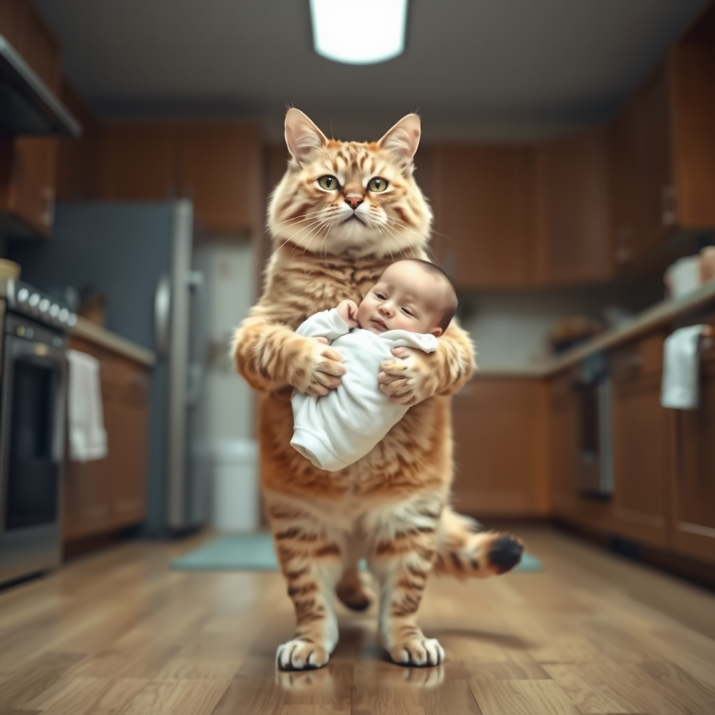 A human-sized cat standing on two legs in a kitchen. A human baby is in its arms.