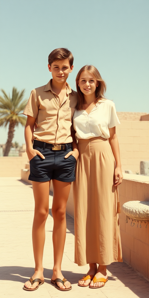 Vintage photo, 1980s. Hot summer. Maroc. A tall skinny 13yo teen boy wearing short shirt, tight booty shorts, long legs, bare thighs. With a girl wearing shirt, long skirt. Full length view.