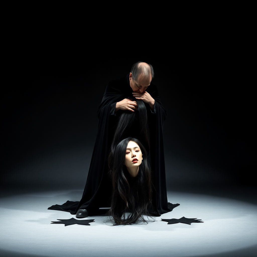 In a dimly lit performance space, the atmosphere is charged with an eerie tension as a magician dressed in a dramatic black velvet cloak executes a chilling illusion. The spotlight shines down, illuminating the stark gray backdrop that envelops the scene in a minimalist aesthetic. At the center, he reveals the severed head of a stunning female magic assistant, her long, flowing hair cascading like silken waves around her lifeless face. The contrast of her vibrant, raven-black locks against her ivory skin creates a haunting tableau.

He grips her hair with a commanding hand, raising her head to the camera with unsettling arrogance, his fingers entwined within the strands as though they are an extension of his own power. As he leans down to plant a lingering kiss on her lips, an air of macabre intimacy hangs heavy in the room, eliciting gasps from an unseen audience, their breath collectively held in awe and horror. The subtle rustle of fabric accompanies his movements, and the faint scent of the magician’s musky cologne permeates the air, mingling with a hint of intrigue.

Dark, dramatic shadows dance across the plain setting, heightening the surreal quality of the performance, as if time has momentarily frozen in this poignant, yet grotesque moment of magic and mastery. The silence is palpable, broken only by the soft thud of the magician’s heart echoing in his chest, a rhythm that underscores the uncanny artistry of his illusion.