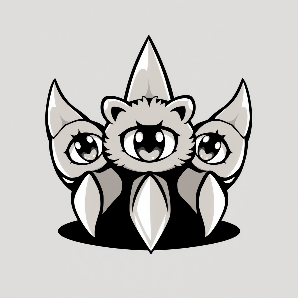 Create a cute anime-style illustration featuring a stylized claw with lion eyes. The image shows a claw with three sharp points, each possessing an eye drawn in the center. The eyes have a friendly and expressive gaze, surrounded by soft details that enhance their charm. Use a monochromatic color scheme to maintain a playful yet dramatic effect, ensuring that both the claws and the eyes are prominent in the design. This artwork should embody a blend of strength and cuteness, suitable for branding or logo use, and it appears to be part of a design for fabric, possibly for a t-shirt or a uniform.