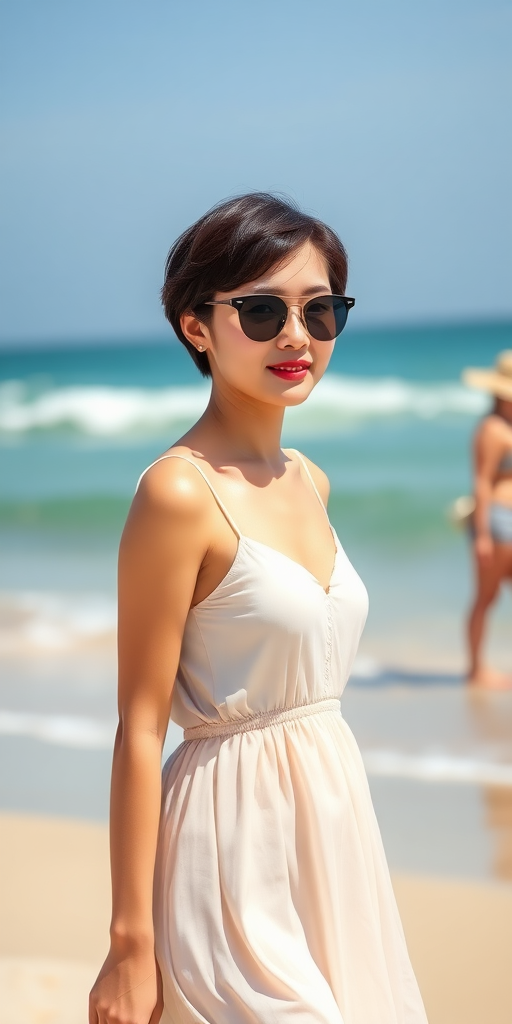 A Chinese girl, wearing sunglasses, with short hair, gentle and generous, slightly plump, with full thighs, a full bottom, and a small chest, in the sunshine, on the beach, by the sea, beautiful, in a dress, taking a walk.