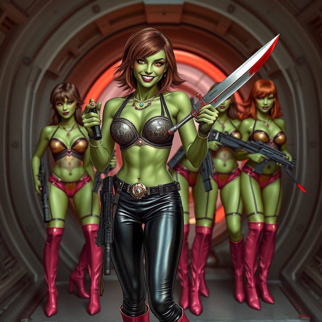 Tall, beautiful green skinned woman. Her brown hair is in a shag-cut style. Her eyes are gold. She is dressed in an ornate metal bra. She is wearing black leather pants, with pink knee high boots. She is holding a large, bloody dagger in a threatening manner. She is smiling. A sci-fi looking gun is holstered at her hip. Four other green-skinned woman, dressed in metal bikinis, each carrying a weapon, stand with her. They are at a sci-fi looking space-port.