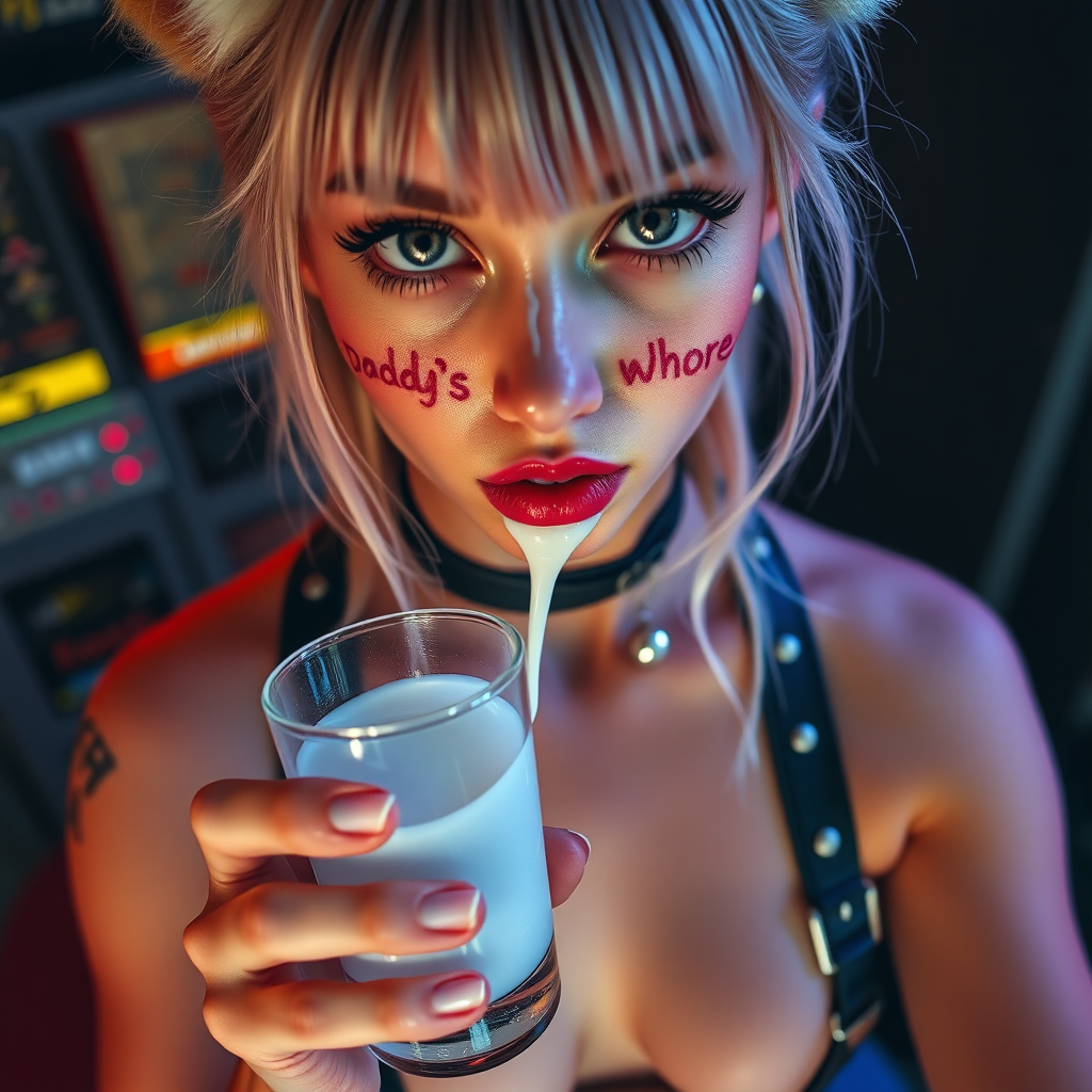 Full body in frame, high POV, Real life photo of a cyberpunk girl, she has “daddy’s cum bucket whore” written on her skin with lipstick. She is holding a glass of translucent white slime below her chin, she has fox ears, tiny cropped tee, wearing g-string thong, suspenders and chunky thigh boots, her eyes and face are covered in clear slime.