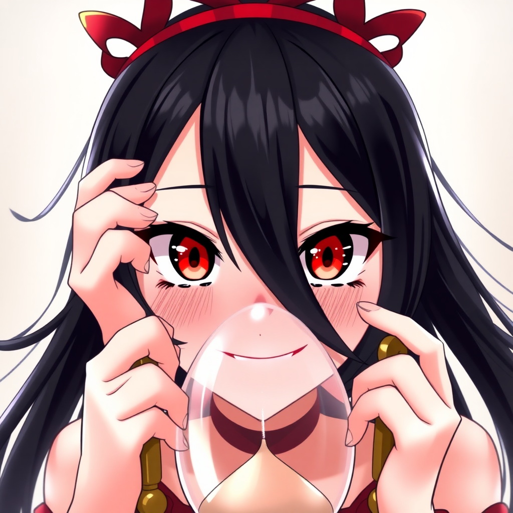 An anime girl with black hair and red eyes is wearing an hourglass. She has a smile like a villain.