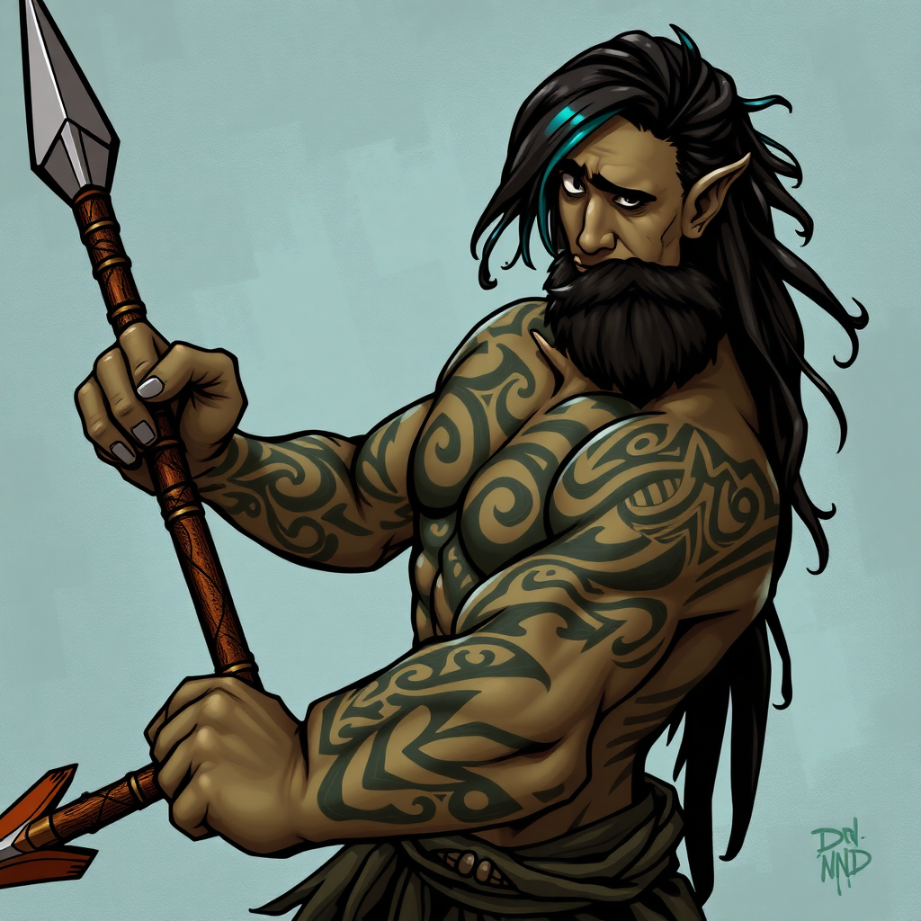 A comic style painted DND Maori Sea Elf, with a muscular body, traditional maori tattoos, olive-green skin color and he's wielding a spear, dark brown hair with teal highlights and a dark brown beard.