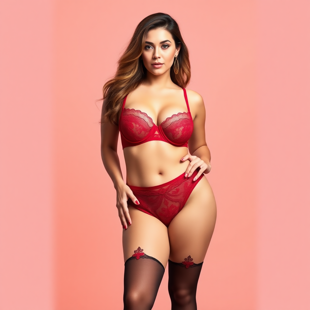 Positive Prompts: A lingerie advert featuring a rubenesque model. She should be shown full height. She is wearing a matching set of lingerie including bra briefs and stockings. The image should be on a simple brightly coloured backdrop. The backdrop should be a similar colour to the lingerie. Negative Prompts: Text