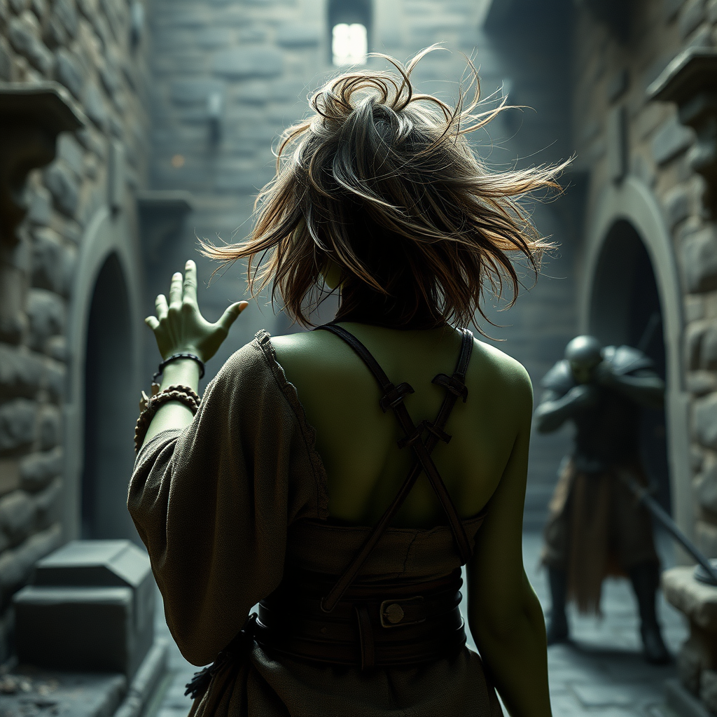 A full body shot from behind of a pretty twenty-something female orc wizard with a face resembling (ana de armas). green skin. casting a spell at a goblin warrior. messy shoulder length hair tussled by wind. inside a courtyard. Hyper-realistic, Photorealistic digital matte painting, soft focus, film grain, lens flare. gritty, dirty, scuffed.