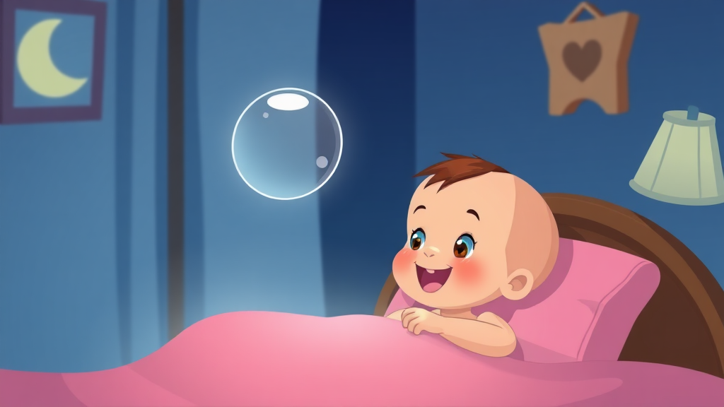 a baby holding a looking glass in hand at night on the bed baby happy to see that. Cartoon.