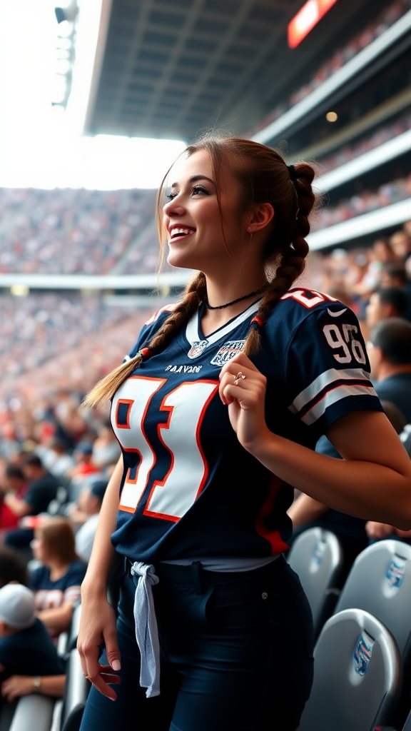 Very attractive female NFL fan, huge chest, jersey, cheering, pigtail hair, crowded stadium bleacher row