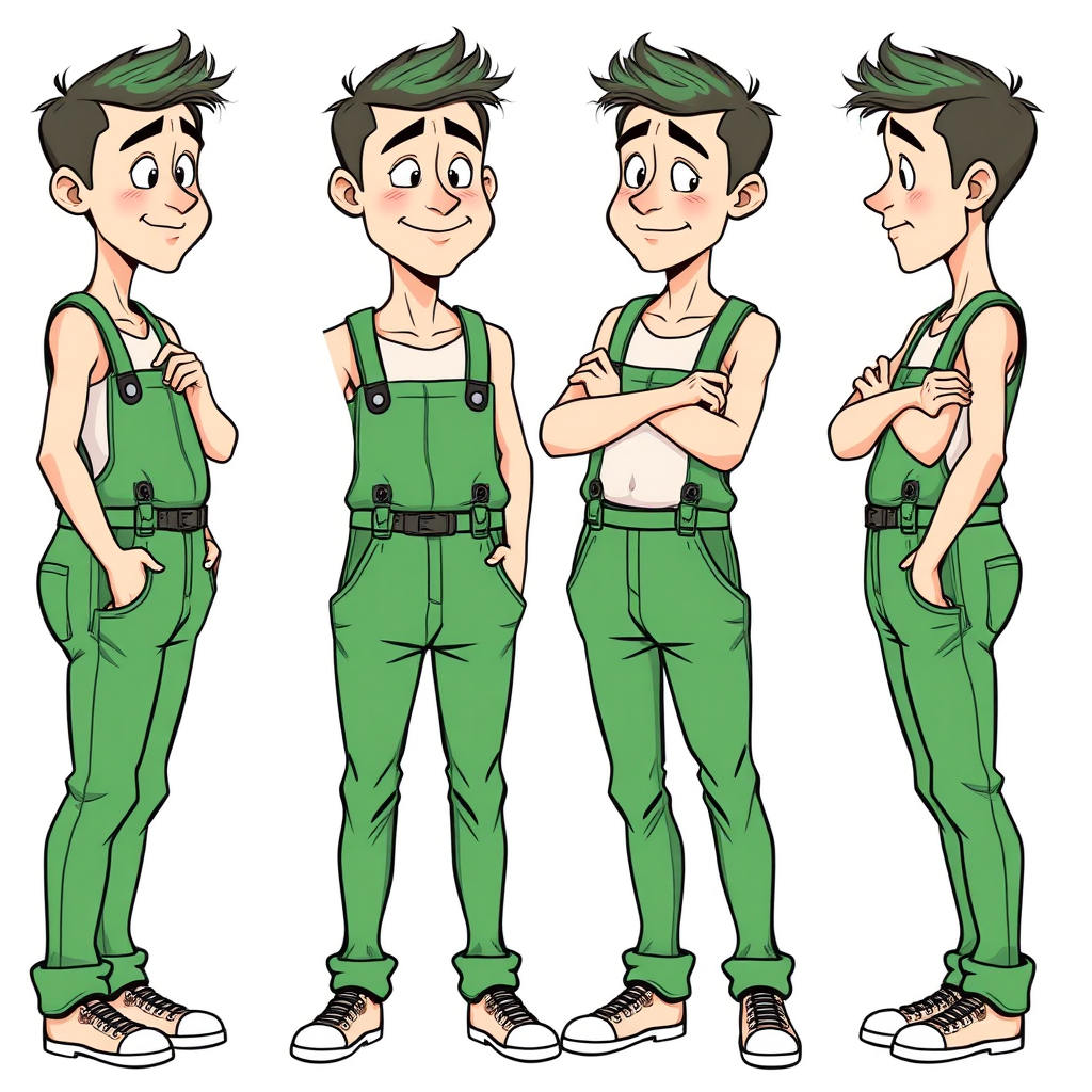 multiple views with progression, character design sheet, blushing shy nervous small 20 year old european skinny man wearing green coveralls is trying to hide his excitement, bulge, 
long establishing shot, 2D, caricature, cartoon, Sketch lines, coloring book, black and white, coloring book style on white background, well composed, clean coloring book page, No dither, no gradient, strong outline, No fill, No solids, vector illustration, side view, vector illustration, empty space around each view