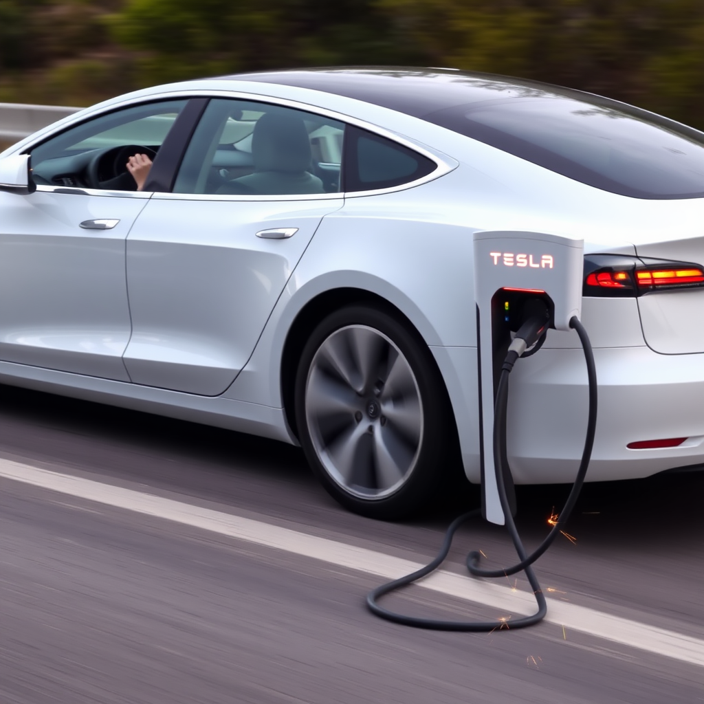 A woman driving a white Tesla with the charging cable still plugged into it because she forgot to unplug it before driving off. The car is in motion, on the road, with the entire Tesla Megacharger still attached, being dragged behind the car, sparking.