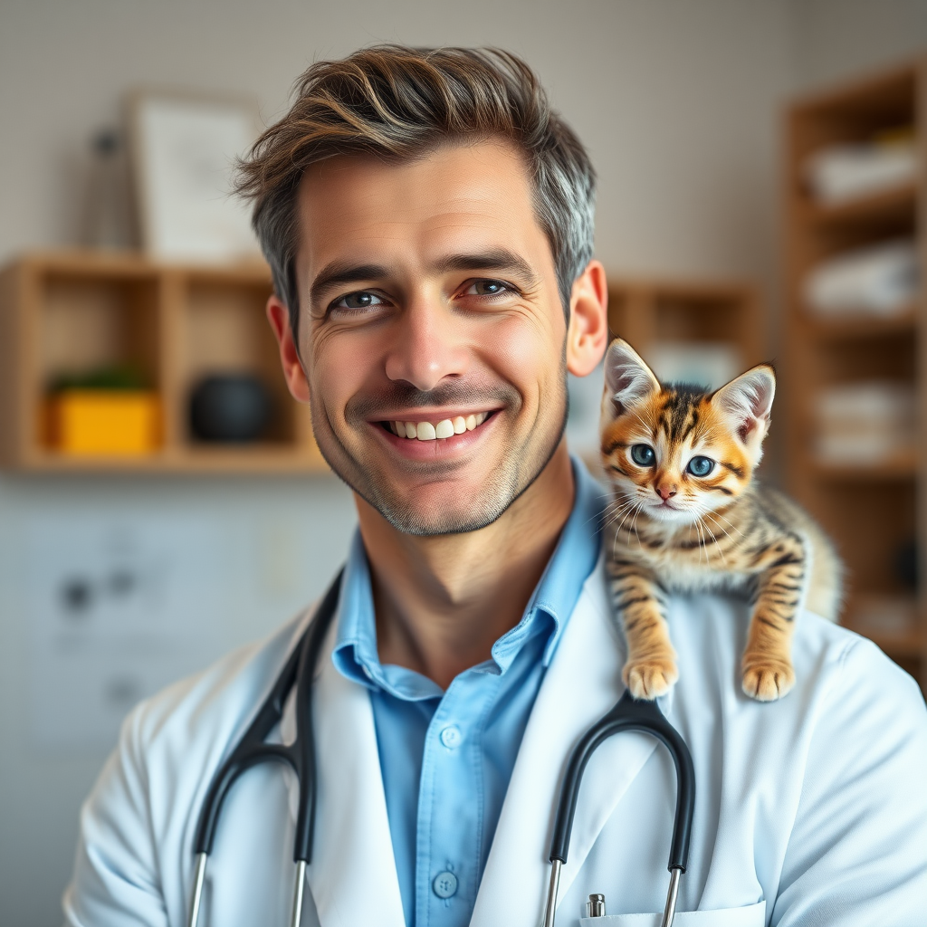 a 57yo handsome swiss doctor, very reliable look,on his studio,nice smile,really professional look,extremely photorealistic image, no rings. there is a cute kitten on the doctor's shoulder