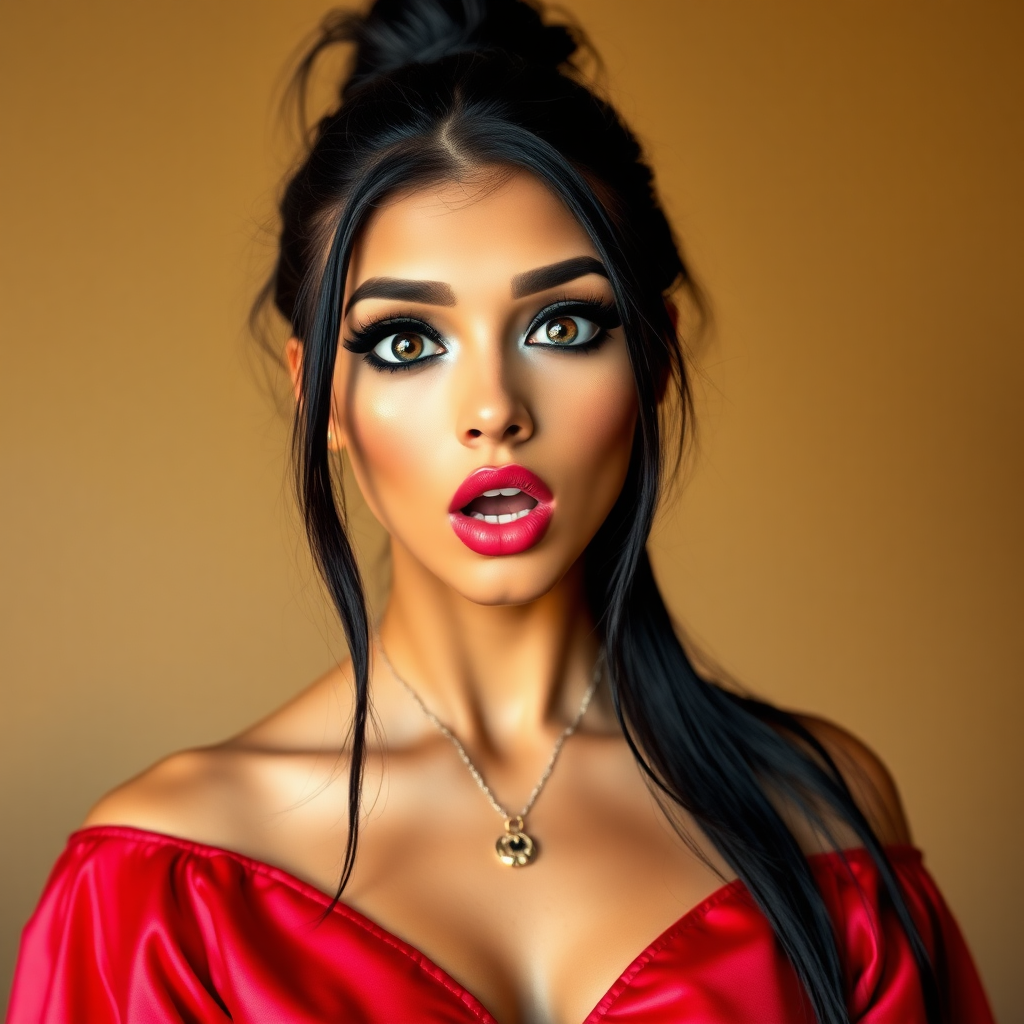 surprised Arabian girl with mouth open. She has very large eyes, black eyeshadow, black eyeliner, fake eyelashes, very tanned skin, very long hair. very high ponytail, red off shoulder shiny crop top. photo realistic, black hair.