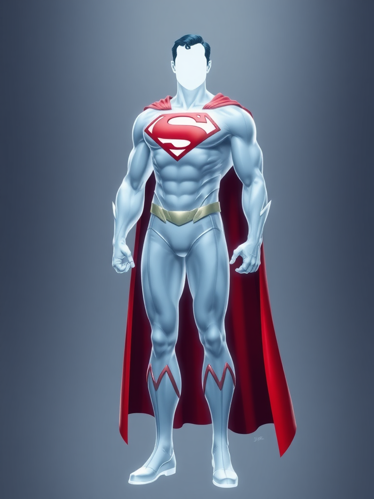 Generate a full-length image of Superman, using Emma Frost's body type but keeping Superman's head intact. Ensure the body silhouette reflects Emma Frost's physique. Create a background that suits both Superman and Emma Frost.