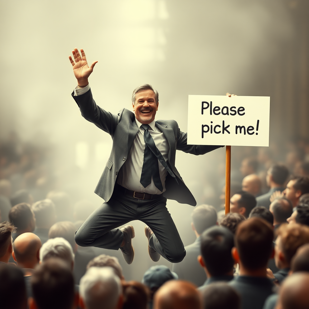 An ethereal mystic businessman eagerly jumps out of a crowd raising and waving his hand. His other hand holds a sign that reads "Please pick me!"