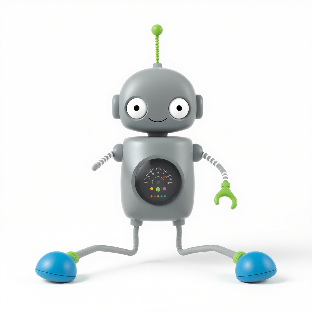 A grey thin robot with an antenna on top of its head that is green. It has long thin legs with blue round feet. It has green hands that can grip. White stripes over its long arms. It has white round eyes with grey pupils and it smiles. It has a round display on its stomach that shows some instruments. It has some colors in a row over the display.