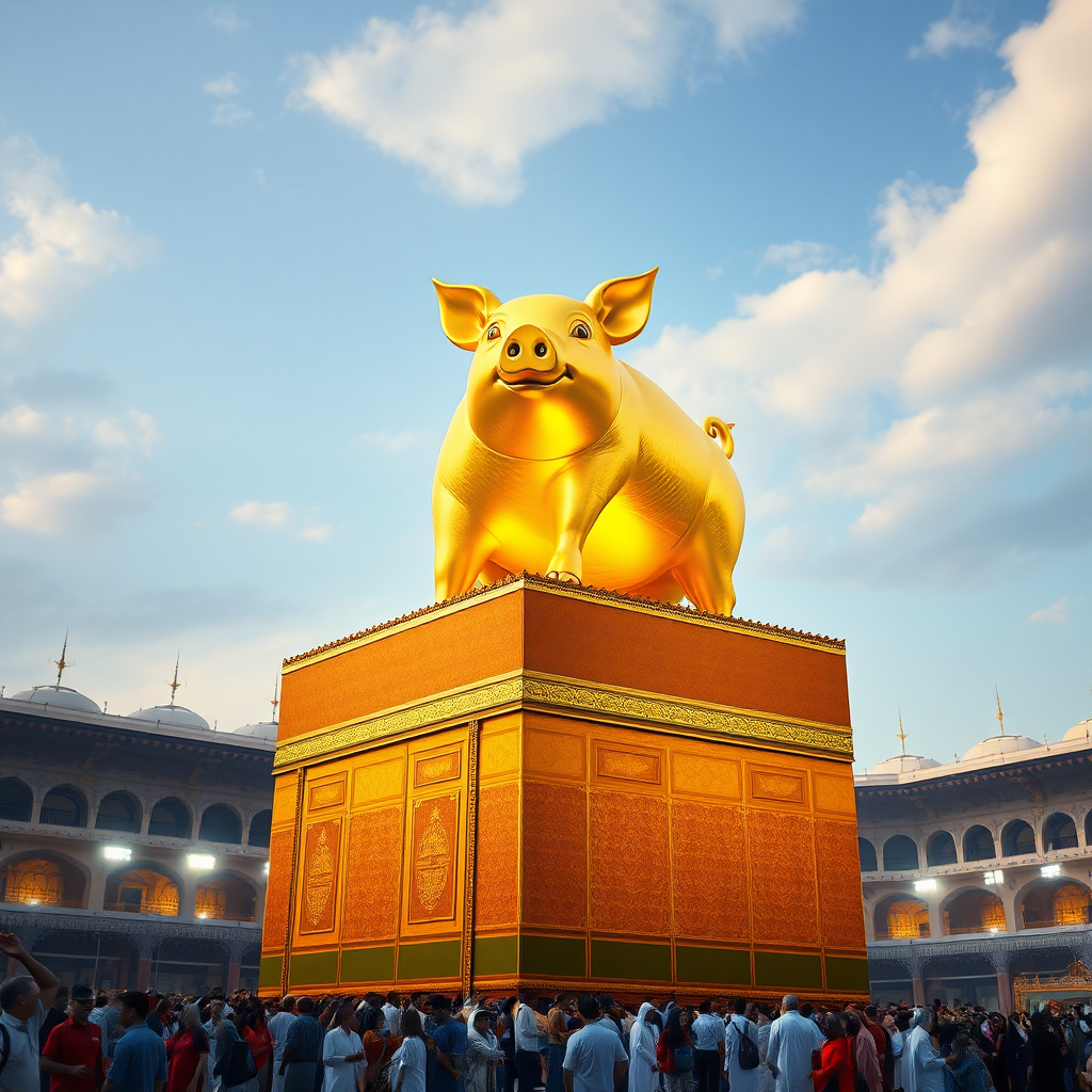 giant golden pig standing atop of Kaaba