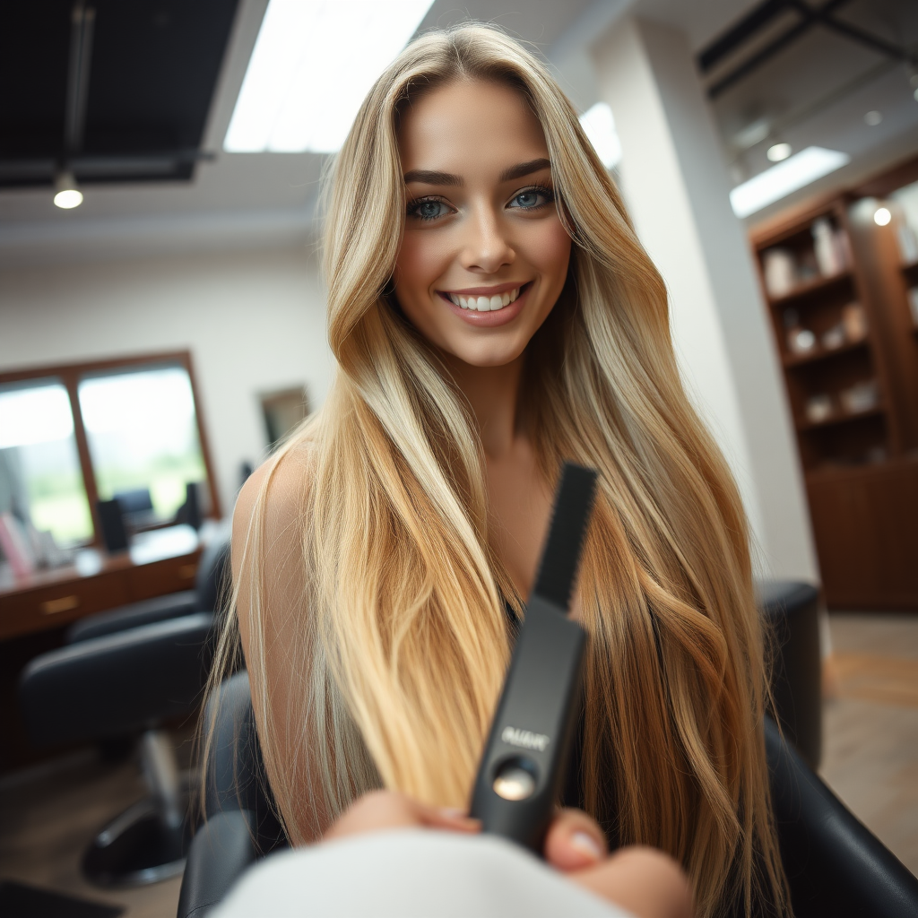 POV, beautiful very long haired blonde woman sitting in a hair salon smiling at the camera while I reach out from behind the camera to trim her very long hair.