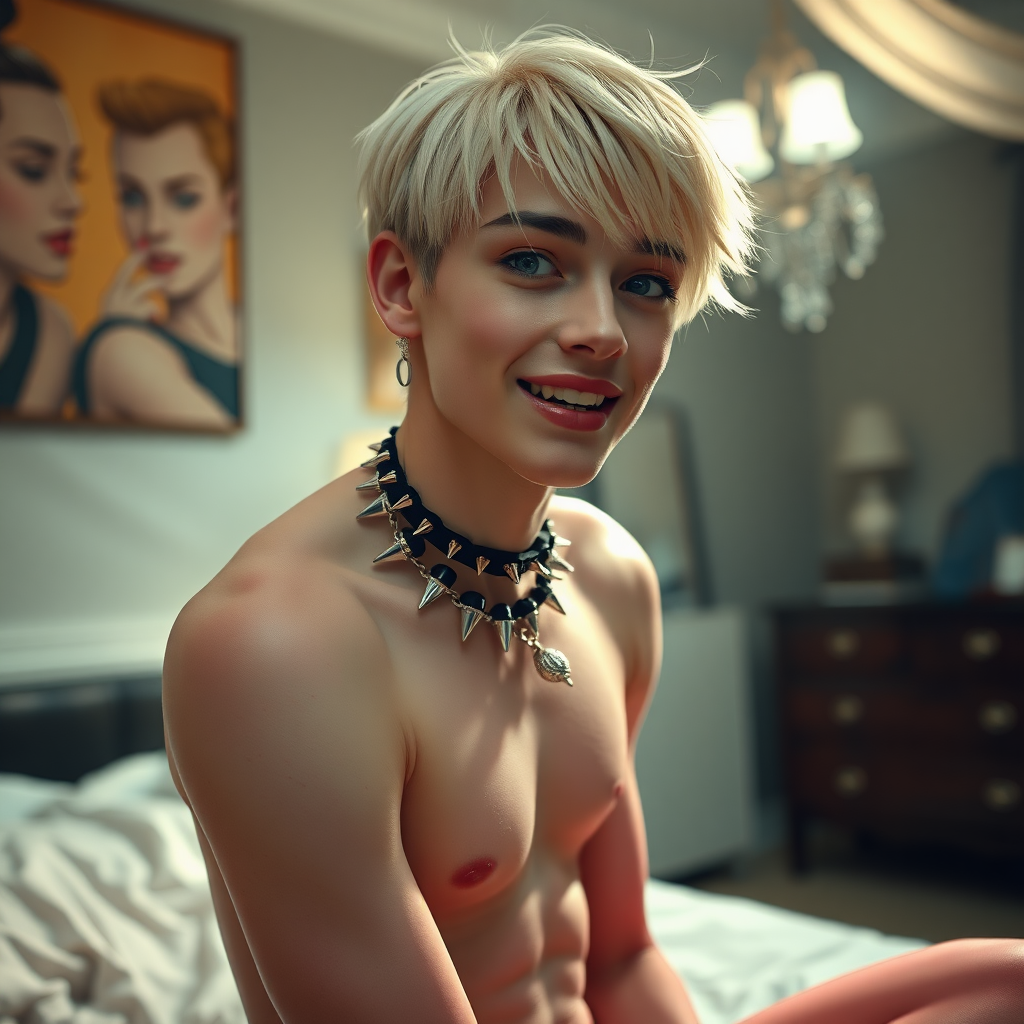 photorealistic, ultra high resolution, 16K, surreal fantasy, studio lighting, a pretty 14 year old goth male, slim male physique, short blonde hair, goth makeup, earrings, glossy pink pantyhose, white ballet shoes, spikey neck collar and leash, in the bedroom, excited smile, facing the camera.