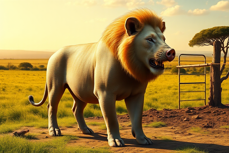 Create a full-length photorealistic image of a lion, maintaining its head and facial features, but using the musculature and silhouette of a pig. The body should display a unique blend of pig and lion characteristics, showcasing the strength and outline of a pig while retaining the skin texture and fur of a lion. The background should combine elements from both animals, featuring lush grasslands and a vibrant, sunny savanna alongside farm-like features, such as a wooden fence and a muddy area, to reflect the essence of both a lion’s habitat and a pig’s environment.