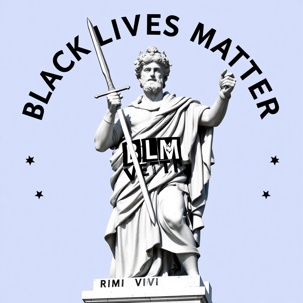 Black Lives Matter (BLM) is a decentralized political and social movement  
Art. Roman statue with a sword posing and 'Veni Vidi Vici' around it