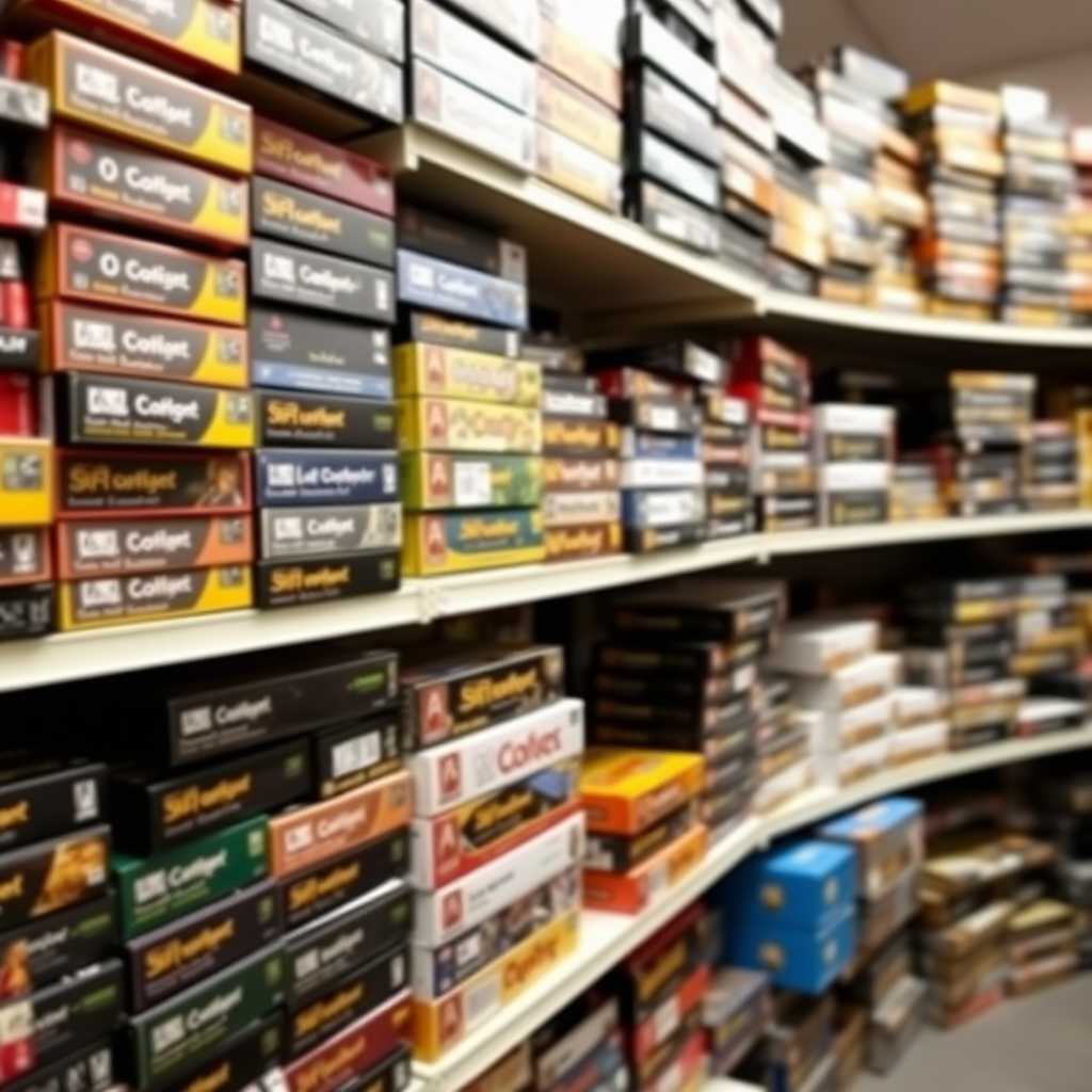 Shot of multiple shelves with board game boxes stacked vertically and horizontally, at least 300 boxes, taken at a distance of at least 3 meters. The boxes have multiple colors and sizes. Do not use boxes with black color. Do not create the same box more than twice.