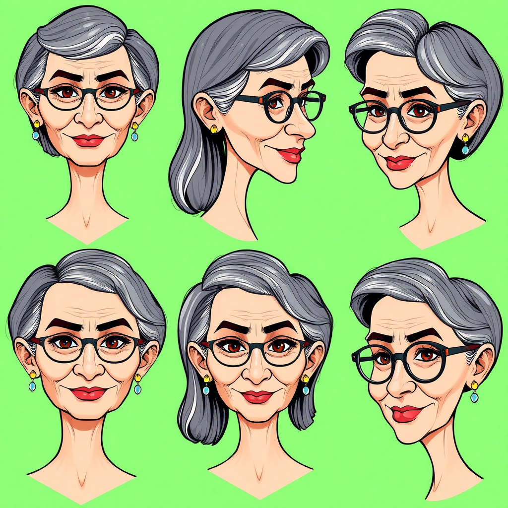 Photorealistic image of six headshots of a 50 Years old, European, Latina, sharp aquiline nose, wrinkles, high cheekbones, Middle Eastern, Skinny, Tanned skin, Dark light skin, full Makeup, jewelry, Sharp nose, frowning, exaggerated cartoon expression, lascive smile, dark grey Ash hair, short bowl haircut, Brown eye color, round Glasses, with detailed features. Each photo displays the same face in back, profile and front view, cut out and isolated on a green background. All six heads are visible side by side, empty space around each view, no overlapping. 2D, caricature, cartoon, Sketch lines, coloring book style, well composed, clean coloring book page, No dither, no gradient, strong outline, vector illustration.