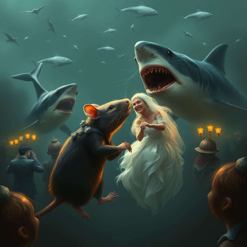 A rat wedding being attacked by hammerhead sharks, no text, Lovecraftian, sci-fi, in Amsterdam