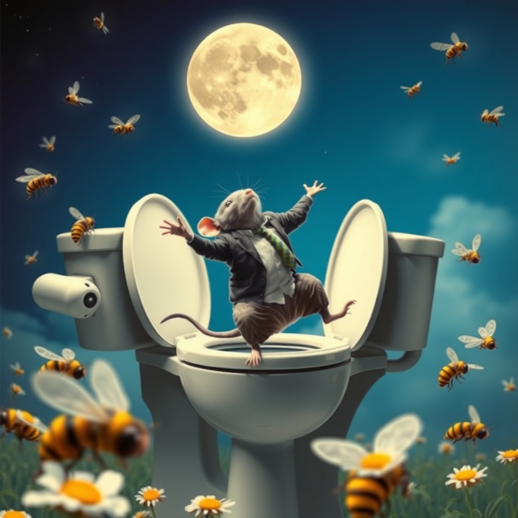 A rat politician diving off the moon into a toilet, bees, 90s musical movie poster, no text