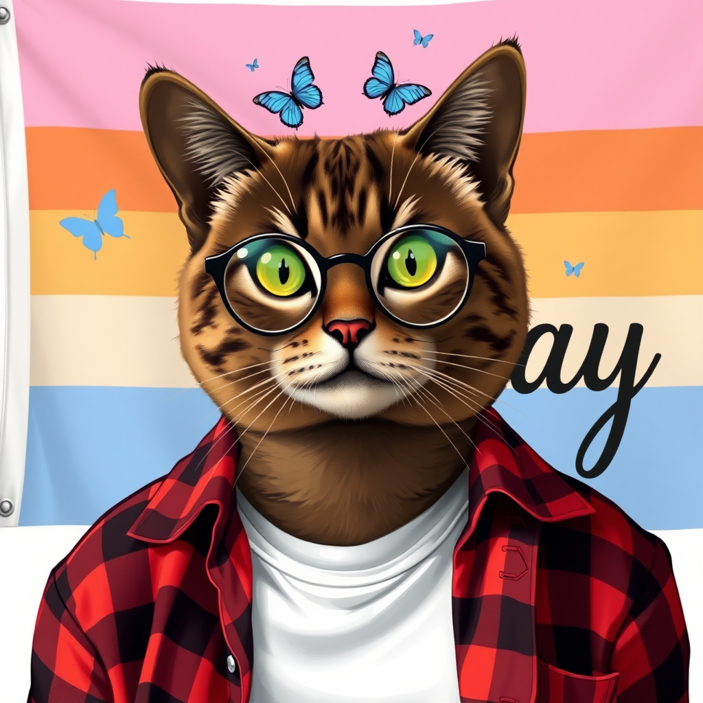 female cat-man brown color with, behind, a flag with horizontal colors pink/light pink/white/light orange/orange, colors in that order with the word "gay" in calligraphy with little blue butterflies on top, wearing semi-round glasses, an open red and black checkered shirt over a white t-shirt, in digital art