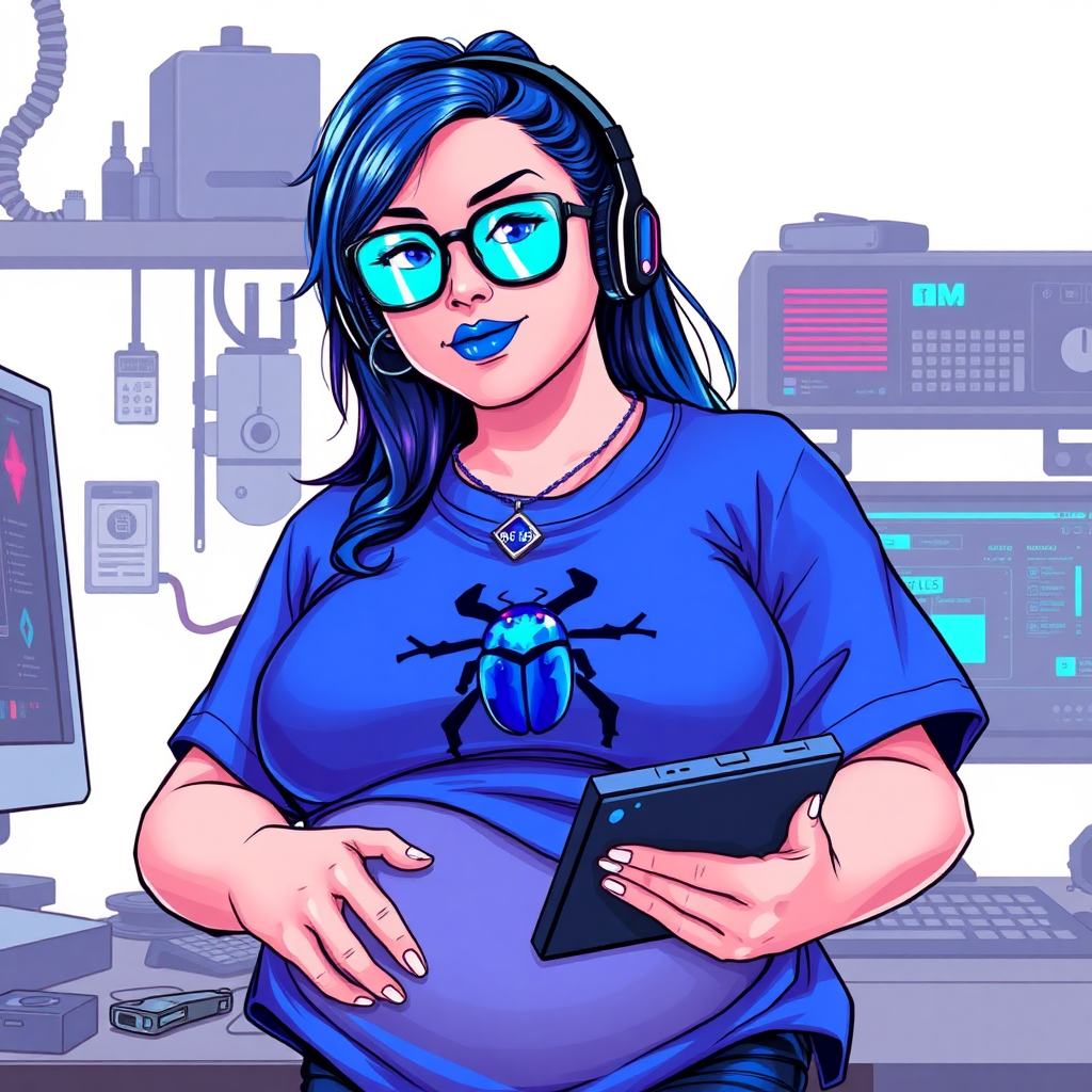 A cyberpunk vigilante’s full-figured intelligent and tech-savvy 28-year-old girlfriend, who is a computer hacker and tech genius. She has a long maximum blue ponytail. She wears maximum blue lipstick, bright blue eyes, a sapphire beetle gemstone necklace, sapphire earrings, black eyeglasses, and an oversized maximum blue t-shirt featuring a blue sapphire gemstone crusted chest icon of a beetle. She has a full-figured physique with a prominent, massive, round belly, reflecting her well-cared-for lifestyle. She sports a sapphire headset with a hi-tech maximum turquoise lensed HUD, and a shy smile with a neon red blush. She serves as his tech expert from his hideout, diligently working at her workbench and computer desk, while holding an electronic wrench and a holographic computer tablet. The background is solid white. She is drawn as if she was in a retro 2D cyberpunk fighting game. Ensure her maximum blue t-shirt covers her belly.