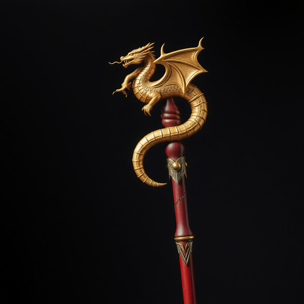 a wizard's staff with a red wooden handle, a golden dragon at its top whose tail wraps along the handle. I want to see the entire object with the full length of the handle. All of this in a fantasy style and the universe of Dungeons and Dragons