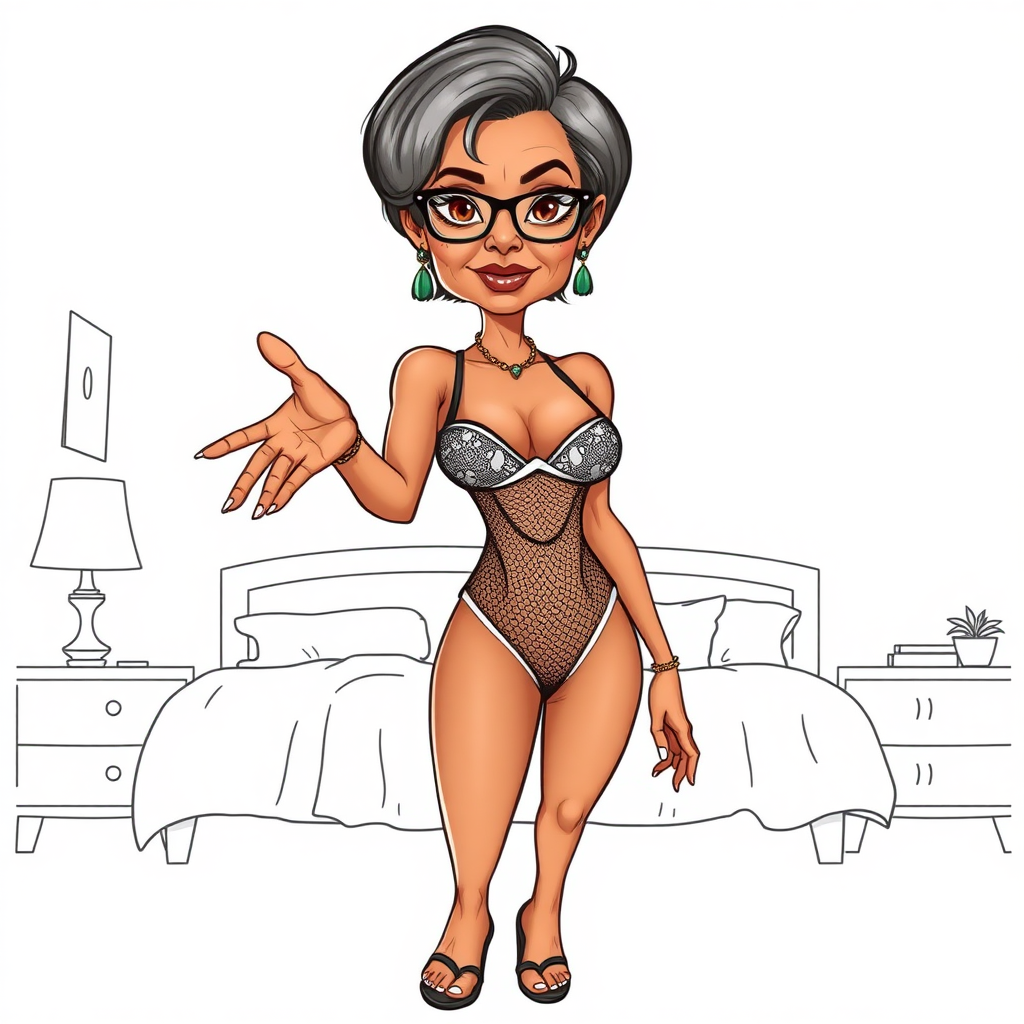 a towering 55 Years old, fit, slim, European, Latina, sharp aquiline nose, wrinkles, high cheekbones, Middle Eastern, Skinny, Tanned skin, Dark light skin, Rounded Medium breasts, Skinny thighs, full Makeup, jewelry, Serious face, Sharp nose, Ash hair, short bowl haircut, Brown eye color, Glasses, with detailed features. she is wearing embroidered black mesh balconette bras and a tight white high cut 1980s mesh cut out swimsuit, detailed fabric.  full body, high heels sandals, she is inviting gesturing at the viewer to enter her bedroom, sweating, 
long establishing shot, 2D, caricature, cartoon, Sketch lines, coloring book, coloring book style on white background, well composed, clean coloring book page, No dither, no gradient, strong outline, No fill, No solids, vector illustration, realistic proportions