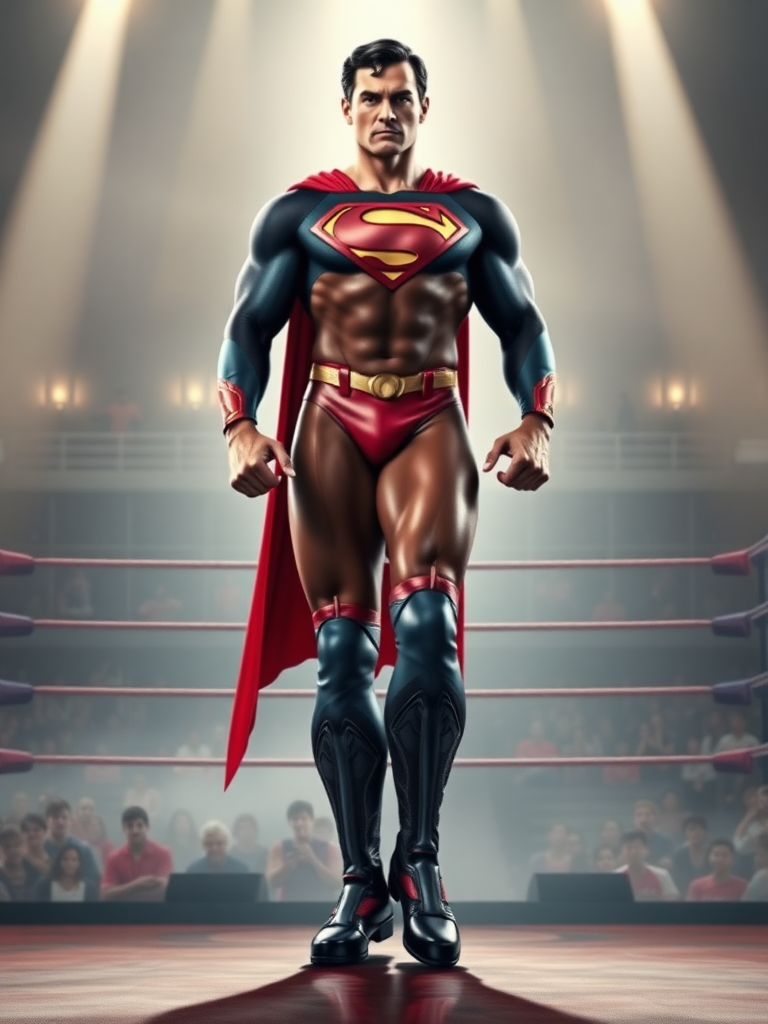 Create a full-length image of Superman with the same muscular, curvaceous physique and female body traits of R Mika, including her notable curves and powerful legs. Maintain Superman's head and face, but modify his costume to fit this physique. Incorporate embellishments from R Mika's costume, like thigh-high boots and accents inspired by her outfit. The background should blend elements from Metropolis and a wrestling ring, reflecting themes from both characters. Add dynamic lighting to highlight the character's powerful stance and detailed body features.