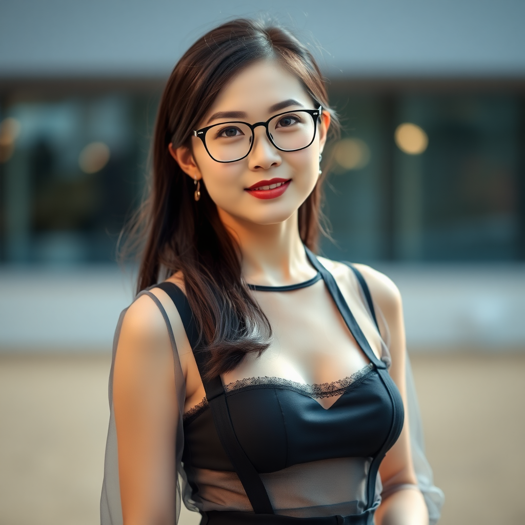 Help me produce a photo of a standing Chinese woman, a female teacher, beautiful, with an elegant figure, voluptuous and sexy, wearing glasses, in a sheer outfit, with black silk stockings and suspenders, around the age of twenty to thirty.