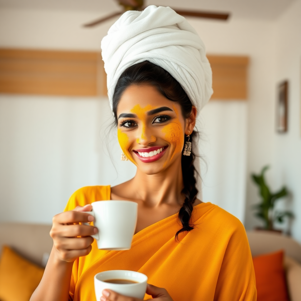 slim, 30 year old, indian Bride, towel head, turmeric face mask. She is smiling and serving coffee in living room.