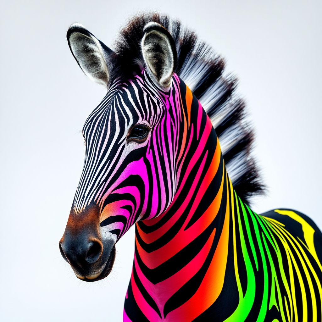 A photo of a zebra with black and rainbow stripes, no white stripes