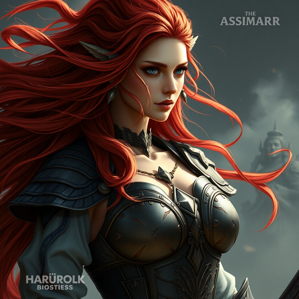 A female warrior with a magnificent chest of the Aasimar race, long flowing red hair, heroic fantasy, 16K, photorealistic