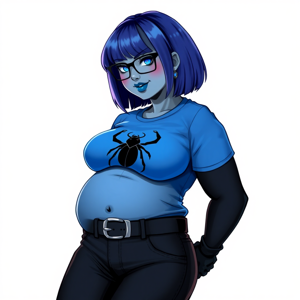 A 28-year-old, full-figured, metallic middle gray skinned computer program hybrid with a maximum blue bob cut. She has a non-athletic build, highlighted by a prominent, round midsection (with a focus on her belly). As a digital sidekick and computer hacker to her cyberpunk vigilante boyfriend, her middle gray metallic skin and maximum blue lipstick emphasize her digital nature. She wears a tight-fitting, maximum blue t-shirt (accentuating her belly) with a black chest icon of a beetle, black pants, a black belt with a sapphire scarab buckle, and black gloves. Her bright blue eyes, black eyeglasses, and shy smile with neon red blush accentuate her nerdiness. She bashfully bows her head with her hands behind her back, her t-shirt covering her midsection (especially her belly) and emphasizing her full-figured, non-athletic physique. She is on a solid white background. She is drawn as if she was in a retro 2D cyberpunk fighting game. She is clearly non-athletic, with a focus on her full figure. Make sure her t-shirt covers her midsection (especially her belly).