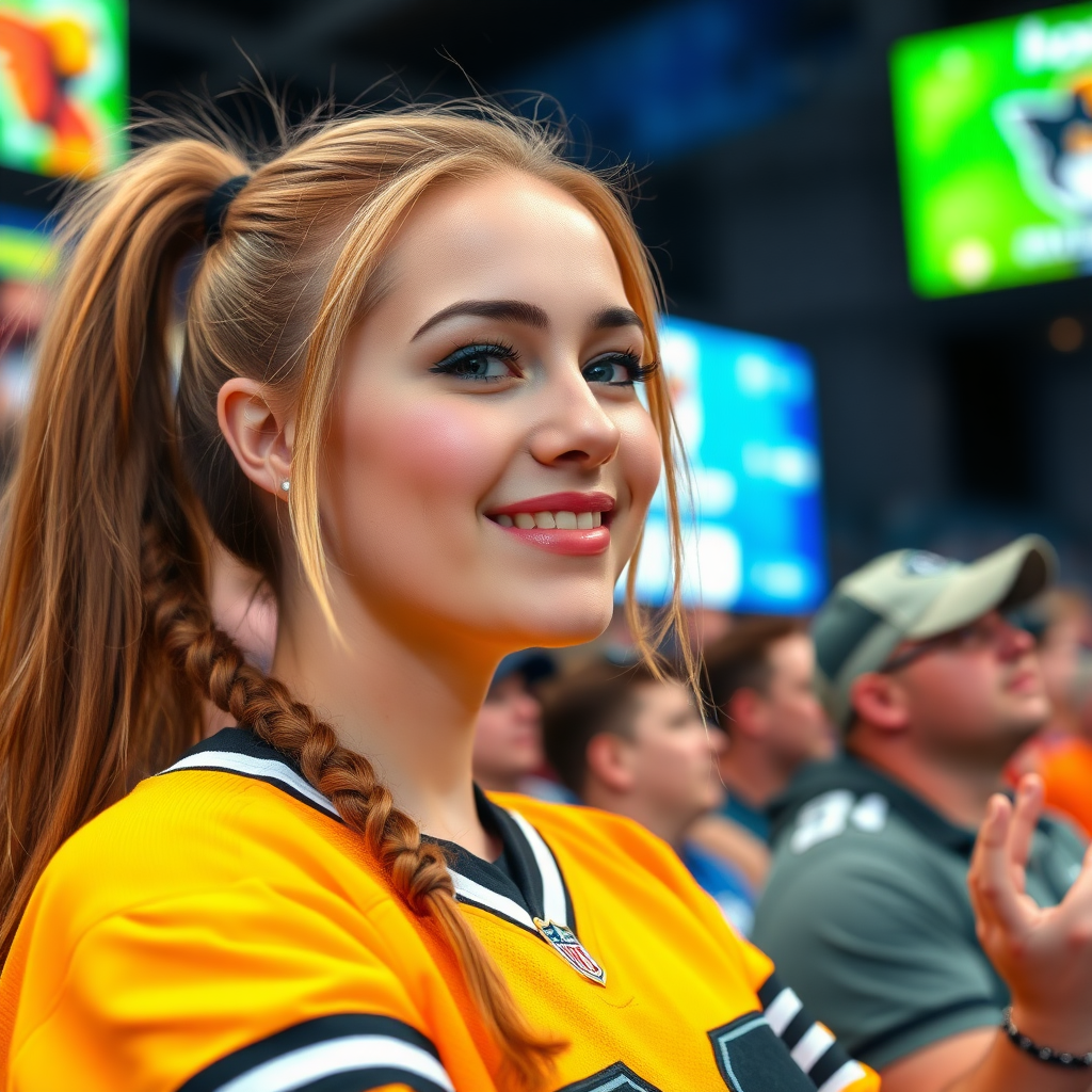 Female NFL fan, hot, pigtail hair, jersey, cheering, looking at camera, inside front row crowd, TV camera angle shot