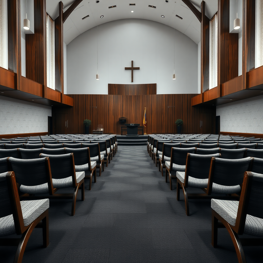 Give me grey fabric benches with a dark wooden frame that are inside a big modern church. The carpet of this church is dark grey. The front choir area has grey chairs. The pulpit is black.