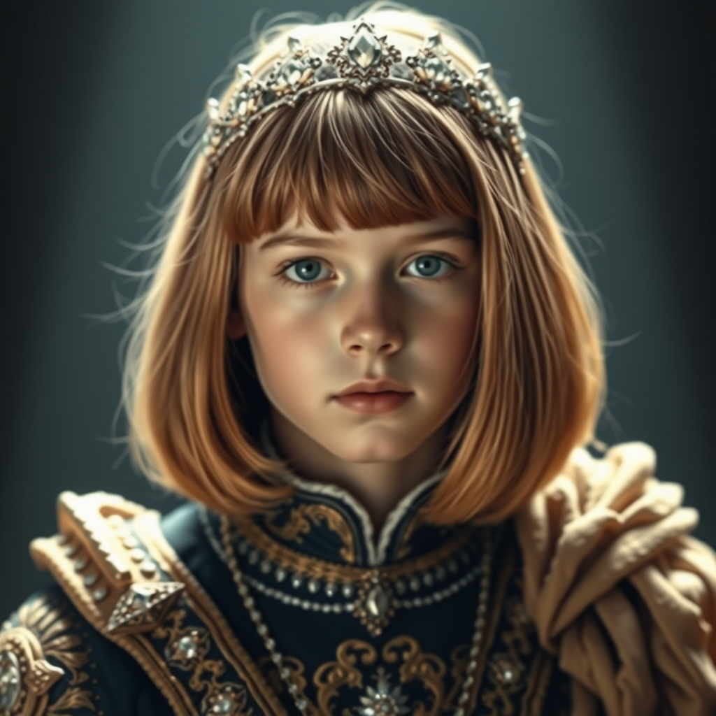 16yo teen boy prince, long bob cut, embroidered with gold and diamonds medieval cloths, diamond diadem. photorealistic, ultra high resolution, 16K,