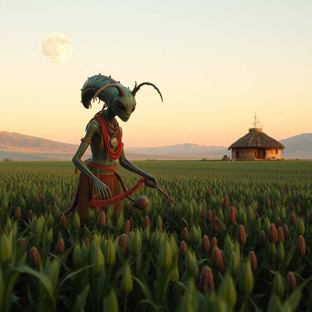 A humanoid arthropod alien in tribal clothing tilling a field of alien crops, alien huts in the background, ((two moons)) visible in sky