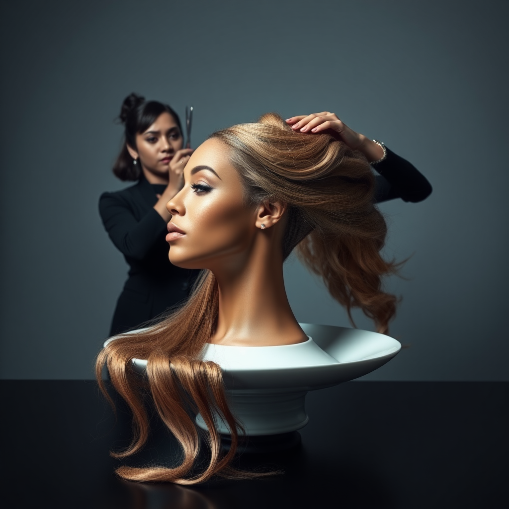 In a surreal and provocative scene, a beautifully tethered, disembodied head of Beyoncé rests gracefully on an elegant porcelain plate, her long, luxurious hair cascading like a waterfall of silky strands around the edges, creating a striking contrast against the stark, muted gray background. The sheen of her skin glows softly, exuding an air of ethereal beauty, while her chin rests delicately on the plate, poised and serene. Behind her, a skilled hairdresser, clad in chic black attire, stands with a focused expression, gently teasing and arranging her magnificent hair with nimble fingers, creating intricate patterns that defy gravity. The atmosphere is oddly intimate yet surreal, blending an appreciation of beauty with an unsettling twist, as soft light casts subtle shadows, enhancing the textures of both hair and porcelain. The air is filled with a quiet stillness, broken only by the subtle sound of the hairdresser’s scissors snipping rhythmically and the faint fragrance of hair products mingling with the cool air, heightening the unusual but captivating atmosphere of the scene.