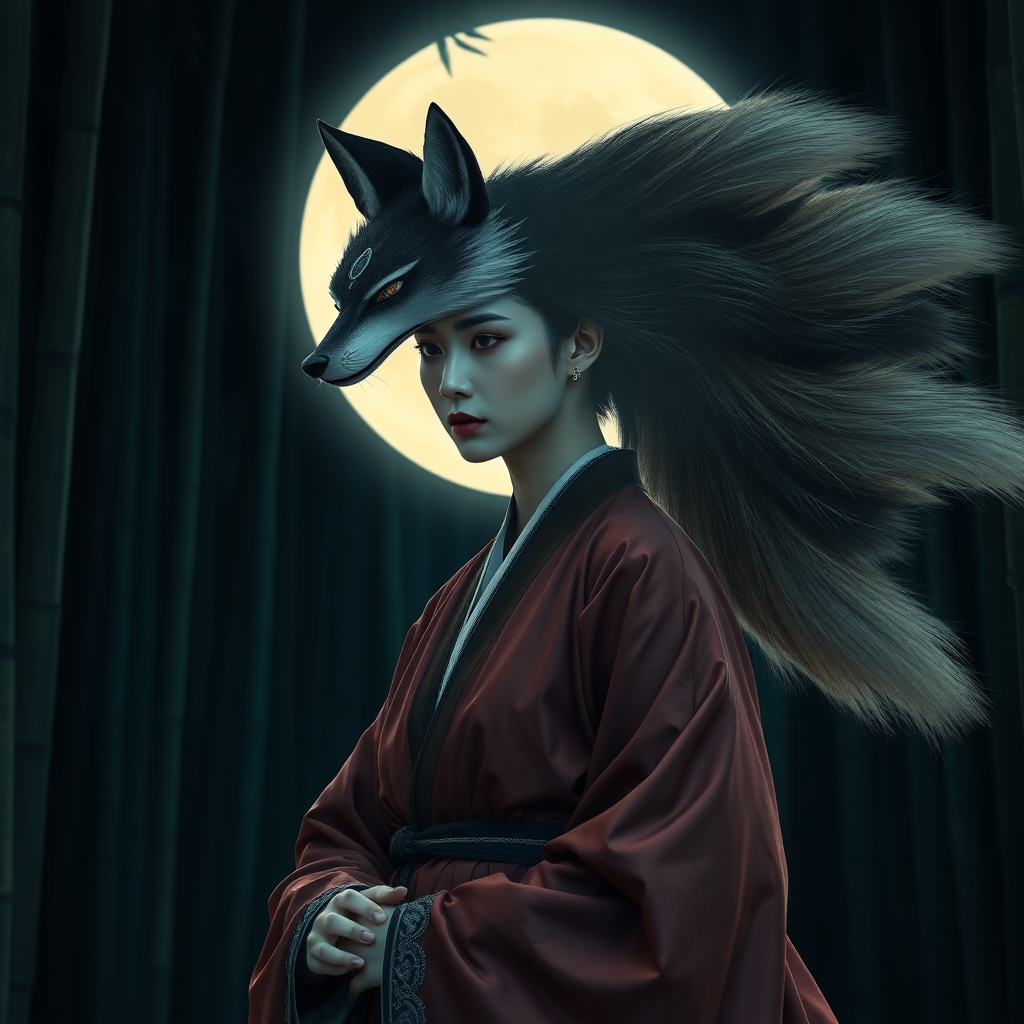 A Korean eerie-looking woman in an ancient Hanbok transforms into a nine-tailed fox in front of the full moon in a bamboo forest.